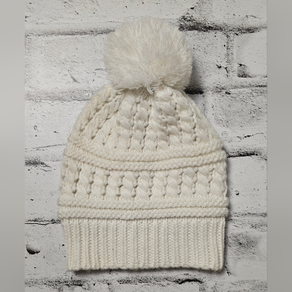Max Studio Cream Cable Knit Pom Beanie Cozy Winter Hat